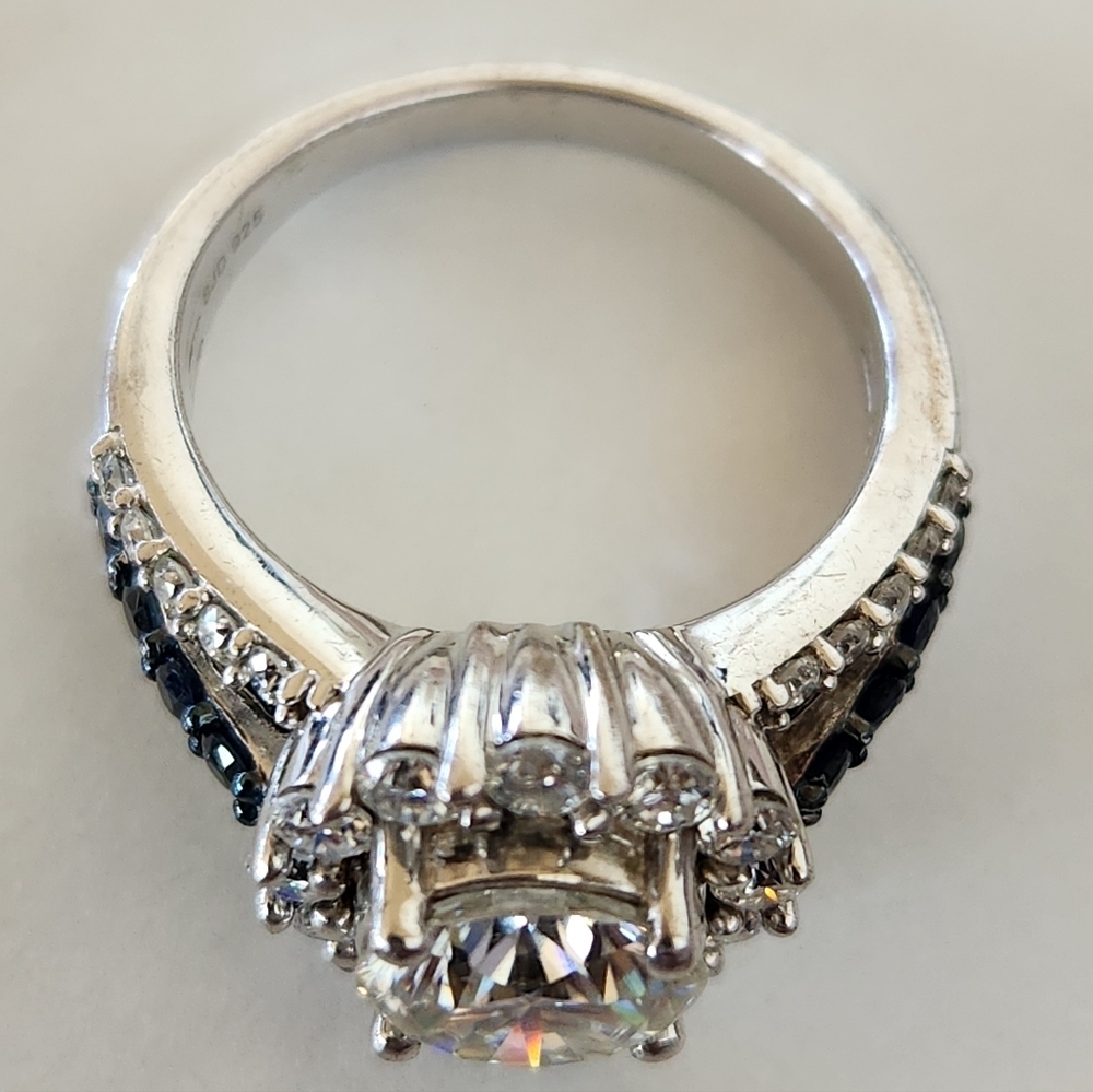 Moissanite Fire Blue Sapphire Platineve 925 Silver Ring - Picture 6 of 16